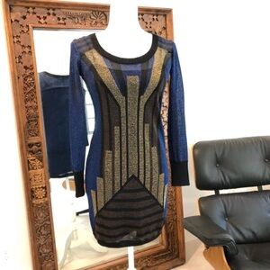 French Connection Long Sleeve Dress in Blue and Gold